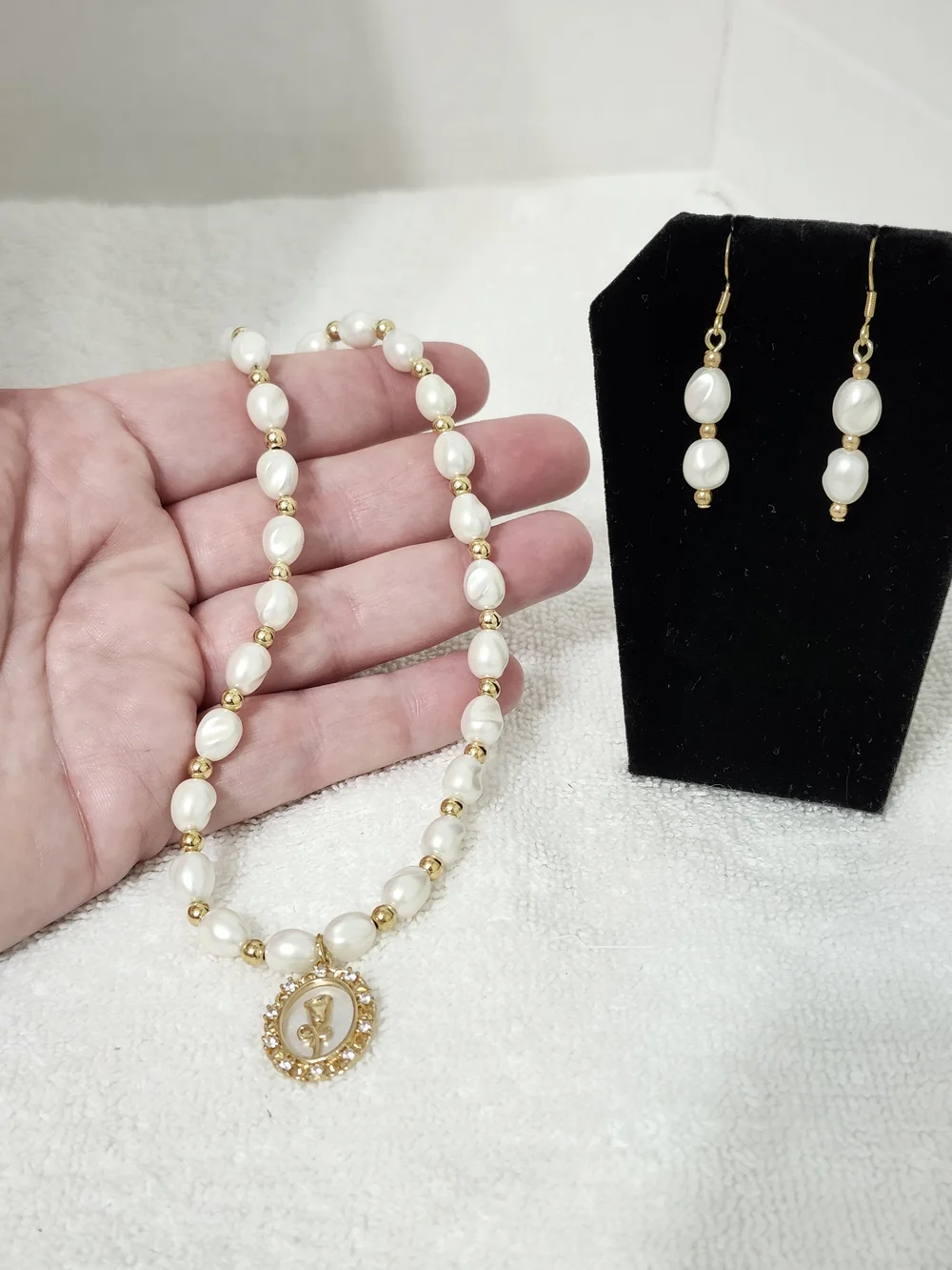 Faux Pearl Rose Necklace & Earring Set Rhinestone Love Romance Wedding New